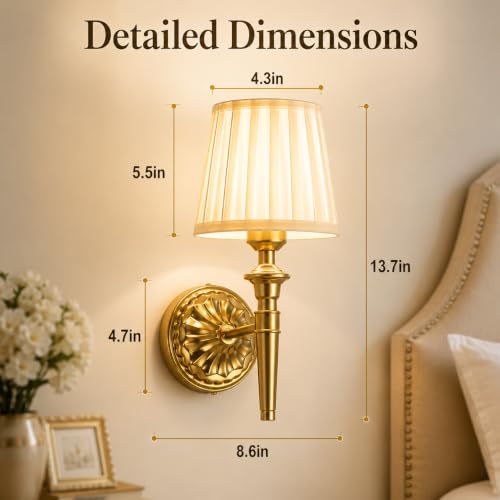 Ayzplbh Gold Rechargeable Wall Sconces Set of 2 with Dimmable LED Vintage Fabric Shades