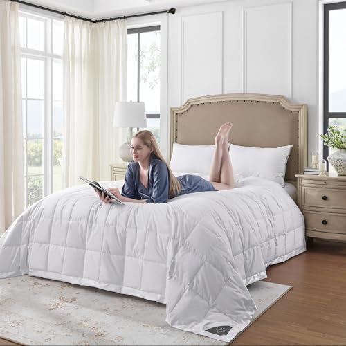 PureDown Queen Size Lightweight Down Blanket with Satin Trim - White (90"x90")
