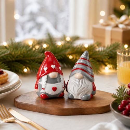 Vesici Christmas Red & White Ceramic Gnome Salt & Pepper Shaker Set - Heart, 3.3 Inch