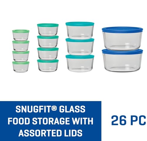 Glass Food Storage Containers Set - 26 Pieces with Blue Lids - Microwave & Dishwasher Safe - Space Saving Organization - Anchor Hocking, Mixed Blue