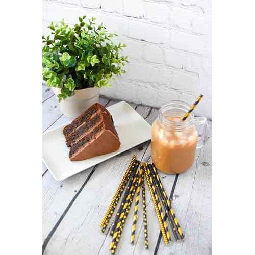 Black, Gold, Black and Gold, Stripe, Star, Chevron ? Disposable Champagne Party Paper Straws 100 Bulk for Drinking, Cocktails, Crafts, Cake pops, Bridal Shower, Birthday, Christmas Decor