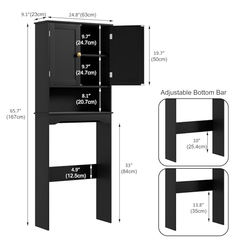 Over The Toilet Storage Cabinet - Black Bathroom Organizer with Adjustable Shelf - 24.8"L