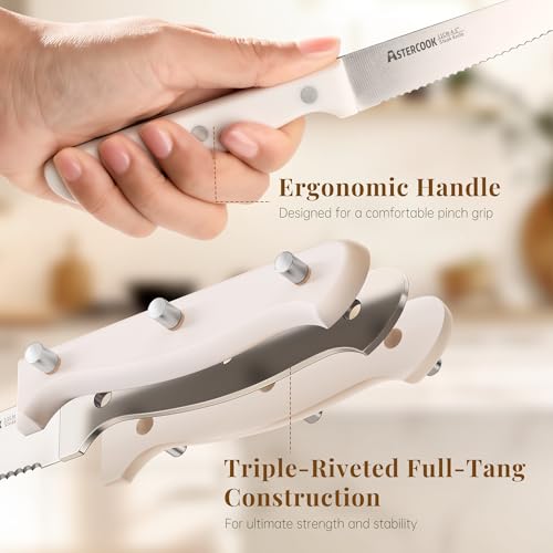 Astercook Set of 8 High Carbon Stainless Steel Steak Knives - Full Tang, Serrated, Dishwasher Safe, Cream White Handles