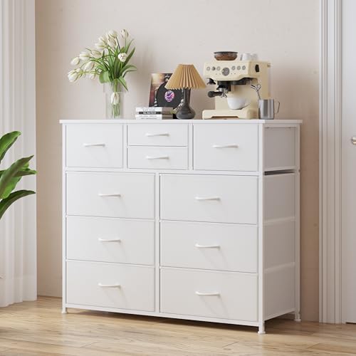 10 Drawer Dresser for Bedroom Storage - White, Multi-Size Fabric Drawers with Wooden Top - Variation of THIS listing