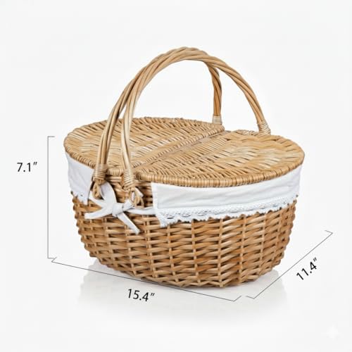 Wicker Picnic Basket with Lid and Handle - 15 Inch Solid Woven Body for Outdoor Camping & Easter
