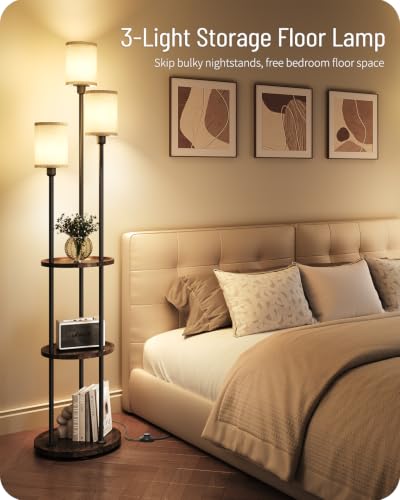 AZADESJET Walnut and Beige 66.1'' Modern Floor Lamp with Shelves & Linen Shades