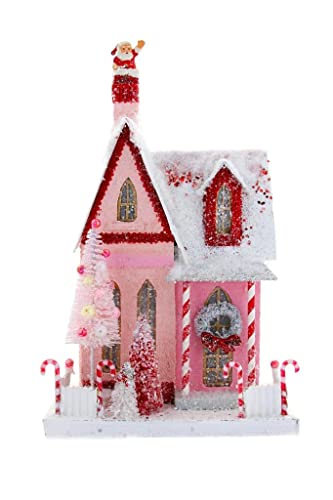 Cody Foster & Co Christmas Village Cottage 14in Red & Pink Holiday House with Santa
