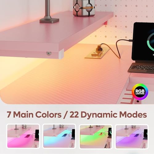 Pink Carbon Fiber Gaming Desk with LED Lights & Power Outlets - 42 Inch L-Shape