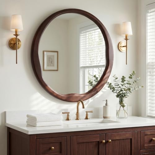 Dark Walnut 24-Inch Round Wood Wall Mirror - Asymmetrical Inner Edge - Solid Wood Frame