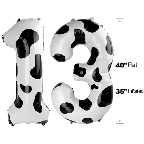 Cow Print Number 13 Balloon 40 inch, 13 Number Balloons, 13th Cow Farm Barnyard theme Birthday Decorations for Girls Boys Kids, 13 Year Old Party Supplies