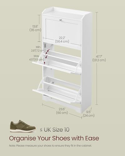 VASAGLE Cloud White Shoe Storage Cabinet with 3 Flip Drawers, Slim 9.5"D x 23.6"W x 47.7"H, Holds 12-20 Pairs