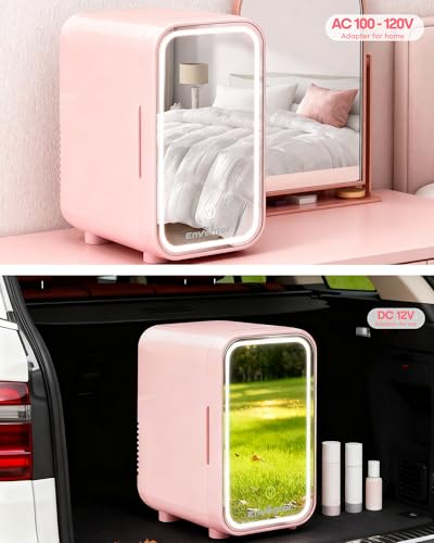 Pink Enventor Mini Fridge 6L Skincare & Makeup Cooler with LED Mirror