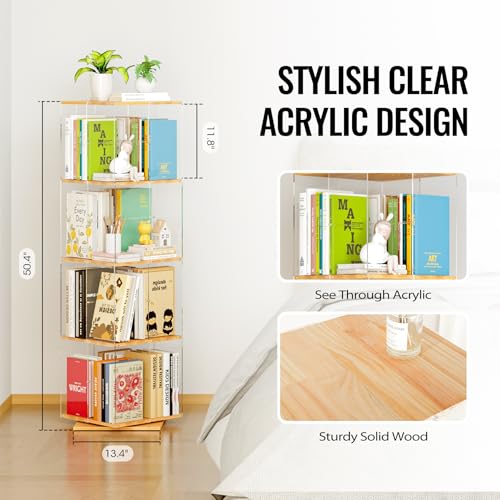 Rotating Bookshelf 4-Tier Spinning Bookcase - Natural Square Acrylic & Wood