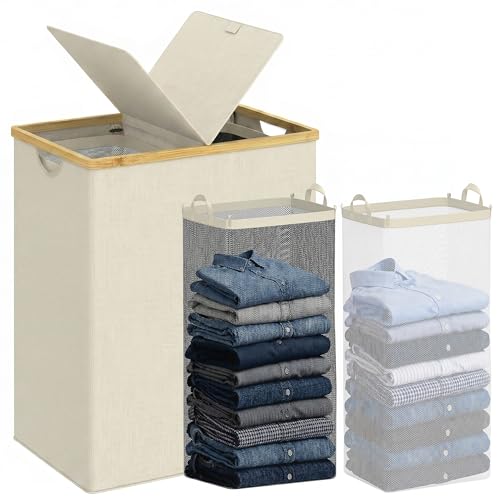 Double Laundry Hamper with Lid and 2 Removable Bags - Beige, 170L Capacity