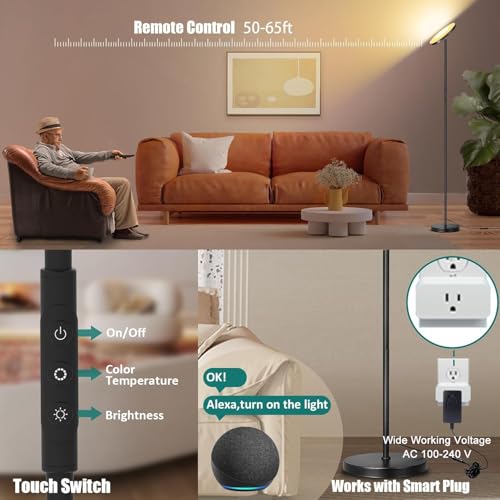 40W Black LED Floor Lamp with Remote Dimmable Torchiere Living Room Light