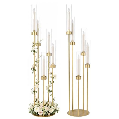 2PCS Gold Floor Candle Holders with Acrylic Lampshades - 5 Arm Candelabra Set - Elegant Event Decor