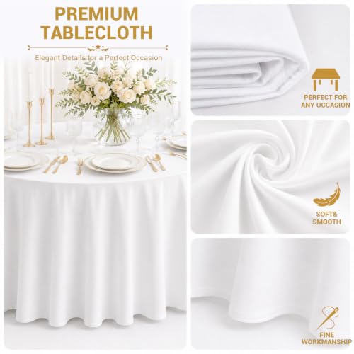 White 120 Inch Round Tablecloths - Pack of 10 Washable Polyester Cover for Dining & Events