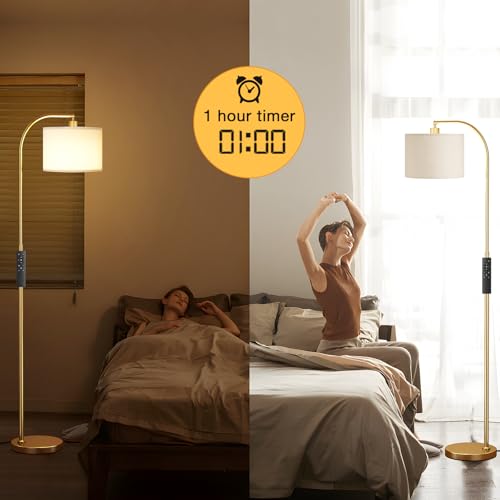 Ambimall Arc Floor Lamp with Remote - Deep Beige & Gold, Dimmable & Adjustable Lighting