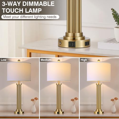 Modern 28-Inch Gold Table Lamps Set of 2 with USB-C, AC, 3-Way Touch
