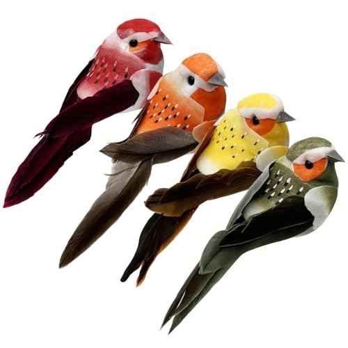 4pcs Artificial Birds Clip on Bird Ornaments with Feathers for Spring Christmas Tree Decoration, Arts & Crafts and Floral Arrangements (Model-4S05)