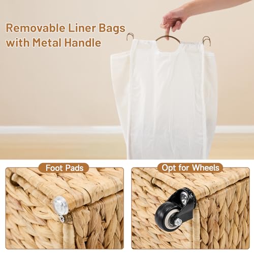 Water Hyacinth Laundry Hamper with Wheels & Lid, 52.8 Gallon, Natural, 3-Section with Removable Liners - 31.5"L x 15.75"W x 25.6"H