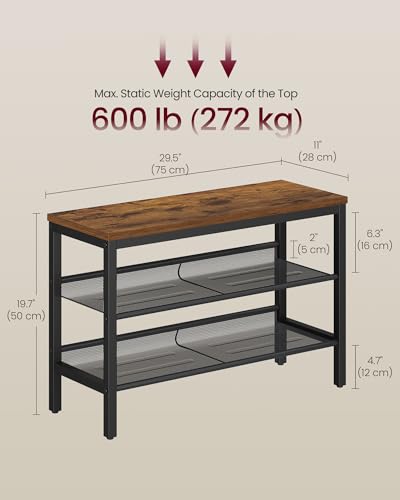 Rustic Brown and Matte Black 3-Tier Shoe Storage Bench with Raised Edges