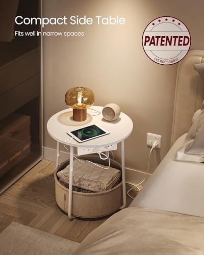 VASAGLE Round End Table with Charging Station - Matte White & Camel Brown, Fabric Basket