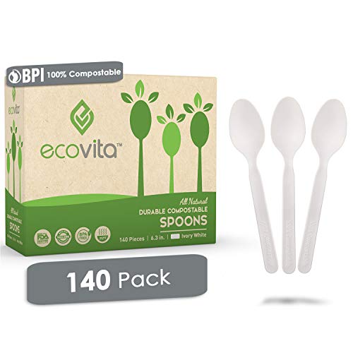 Ecovita Ivory White Compostable Disposable Spoons - 140 Large Eco-Friendly Cutlery, Heat Resistant, 6.3in., Tray Included