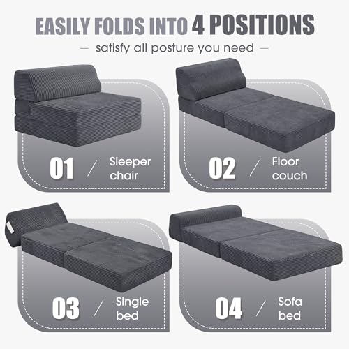 Grey Folding Sofa Bed with Pillow - Convertible Memory Foam Floor Couch for Living Room & Dorm