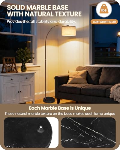 75-Inch Dimmable Arc Floor Lamp with Marble Base, Adjustable Height, Beige, Brown Variation