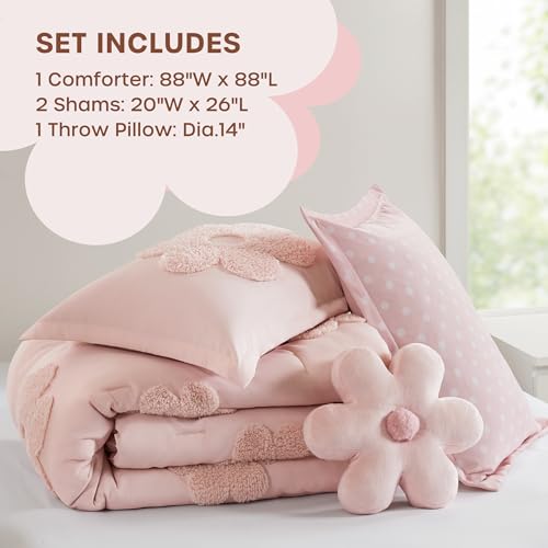 Kids Pink Floral Comforter Set - 4 Piece Queen Bedding with Polka Dot Reverse - Pink Variation