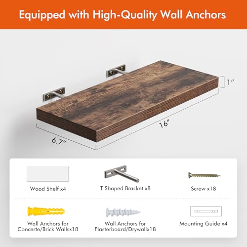 Rustic Brown Floating Shelves Wall Set of 4 - 16 Inch Wall Mounted Storage & Display