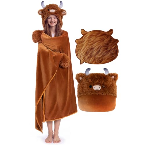 Wearable Highland Cow Blanket Hoodie - Soft Fleece & Sherpa, One Size