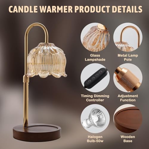GEEZO Gold Fragrance Candle Warmer Lamp with Timer & Dimmer – Adjustable Height 13.3in, 2x50W Bulbs