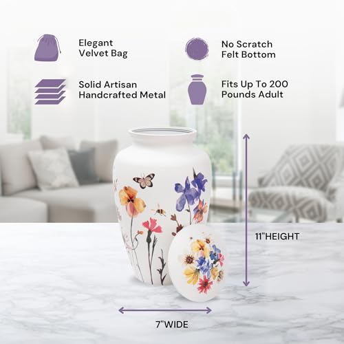 White Wildflower Breeze Large Cremation Urn for Women - Handcrafted Memorial for Ashes