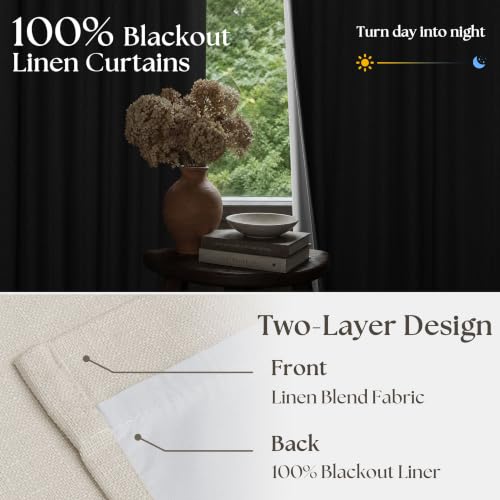 TWODRAPES 90 Inch Blackout Linen Curtains - Natural, 2 Panels, Pinch Pleat, 40"W x 90"L