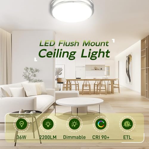 Hykolity 16-Inch Brushed Nickel Dimmable LED Flush Mount Ceiling Light - 2200LM