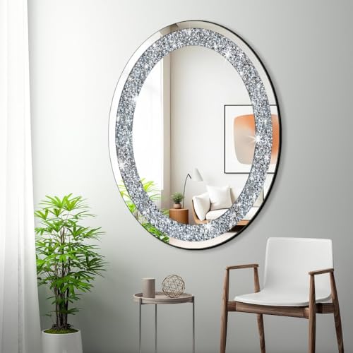 Oval Silver Mirror with Crushed Diamond Bling Wall Decor 32"L x 24"W - Frameless Glam Mirror