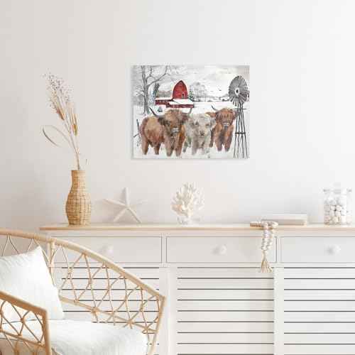 Highland Cow Pictures Christmas Decor: Merry Christmas Wall Art Cow Paintings Farmhouse Decor Rustic Barn Canvas Prints Winter Farm Scene Posters Xmas Holiday Indoor Wall Decorations 10"x12"