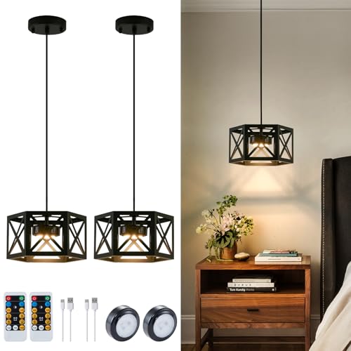 Black Rechargeable Pendant Lights 2 Pack - Modern Farmhouse Hanging Ceiling Lamps for Kitchen
