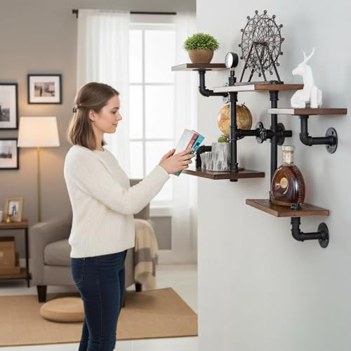 Industrial Pipe Shelves, Wall Ladder Shelving, Corner Wood Bookshelf