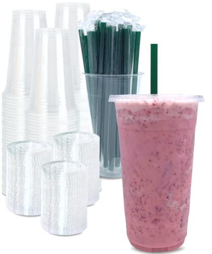 100 Sets 32 oz Clear Plastic Cups with Lids and Straws - Disposable Cold Drink Cups
