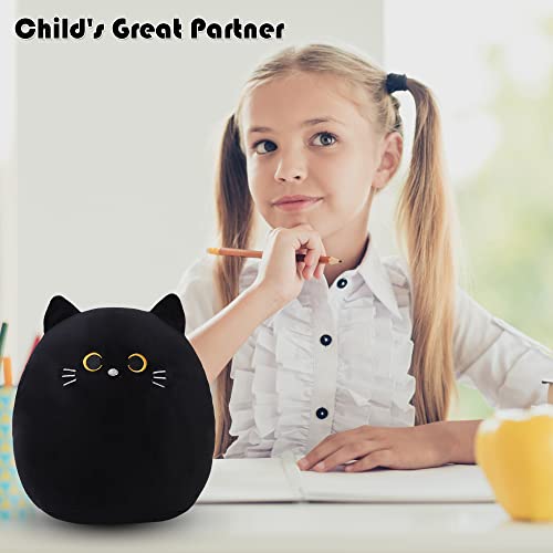SQEQE Cat Plush Pillow Kawaii Cat Stuffed Animal Fluffy Plushies Doll Toy Soft Animal Shape Design Stuffed Animals Gifts for Kids(Black, 14 inch)