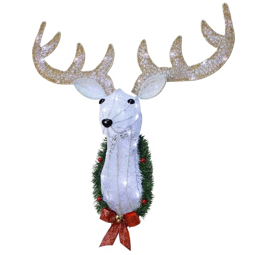 WATERGLIDE Lighted Reindeer Head Wall Decor - 28" Pre-Lit 3D Rudolph with Wreath & Timer