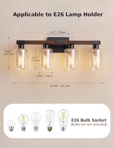 Wood Finish 4-Light Farmhouse Bathroom Vanity Light Fixture - UL Certificated