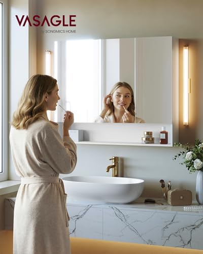 VASAGLE Medicine Cabinet Mirror with Storage - Cloud White, 35.4W with Mirror