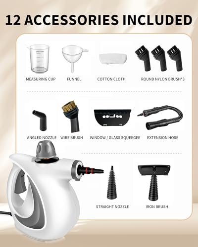 Handheld Steam Cleaner with 12 Accessories - Multi-Surface Deep Steamer for Car, Floor, Upholstery