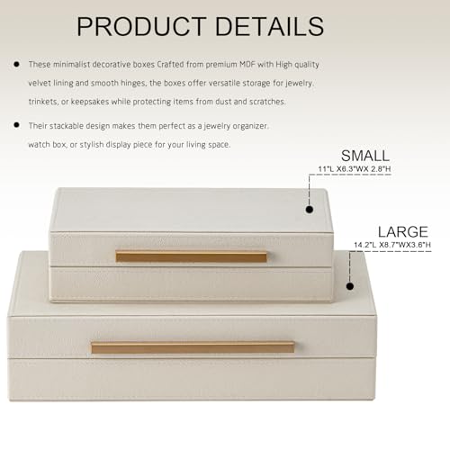 Set of 2 Beige Shagreen Decorative Storage Boxes with Gold Metal