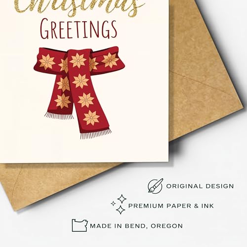 Warm Christmas Greetings Card with Red Scarf & Gold Accents - Holiday Stationery (5.3x8in)