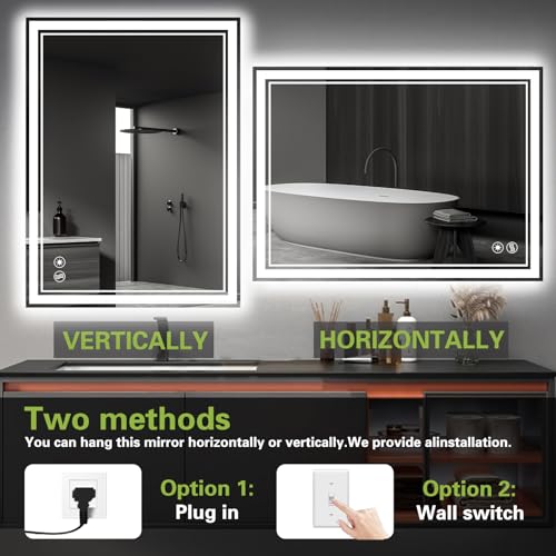 WUENLux 24x36'' LED Bathroom Mirror Anti-Fog Dimmable with 3 Color Lights & Memory